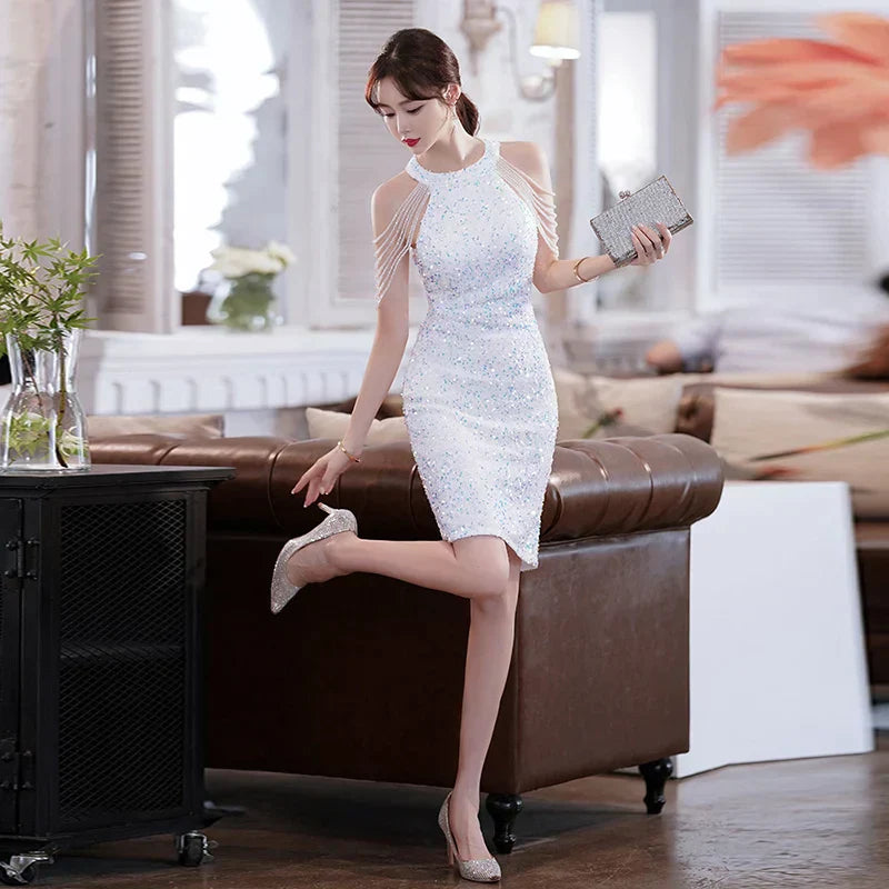 WW | Kurzes Sexy Pailletten Morgenmantel Cocktailkleid Elegante Frauen Fest Midi Meerjungfrauenkleid Vestido Formelle Kleider