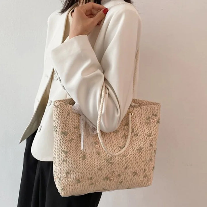 W&W Mode Sommer Tasche | Moderne Damen-Midi-Handtasche mit Blumenprint und Spitzen-Schleife