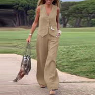 WW Modern Set | Eleganter ärmelloser V-Ausschnitt-Top und weit geschnittene Hosen Damenanzug
