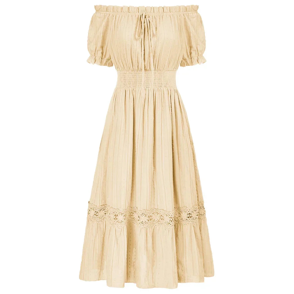 WW | Sd Frauen Renaissance Baumwolle Kleid Sommer Kurzarm Rüsche Off Shoulder Ausgestellt A-Linie Kleid Rüsche Slim Fit Mode Kleider