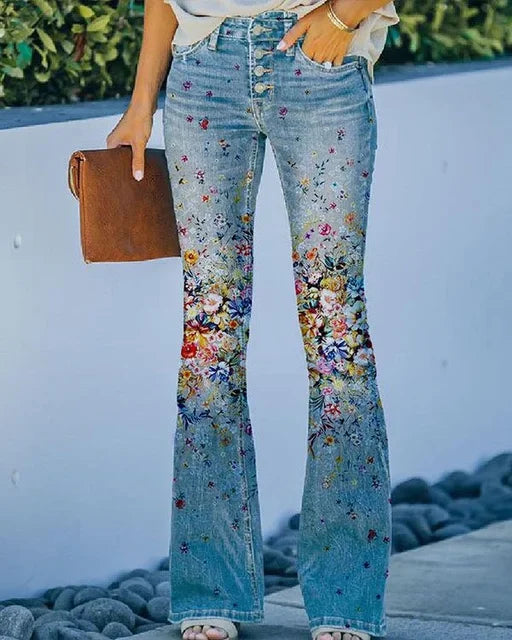 Damen Flared Jeans mit mittelhoher Taille und fünf Taschen
