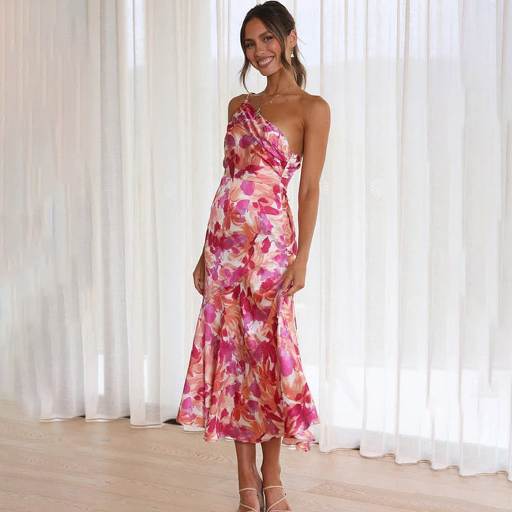 W&W Mode | Rosa Blüten Ein Schulter A-linie Satin Kleid Für Damen