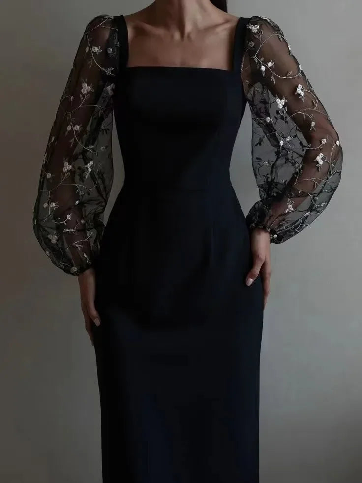 Elegantes Abend- und Partykleid mit Quadratischem Ausschnitt und Langen Ärmeln | W&W Mode