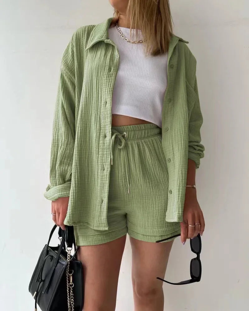 WW | 2 Teiliges Lässiges Nachtwäsche Baumwolle Pyjama für Frauen Umgeschlagenen Kragen Schlaf T-Shirts Set mit Shorts Gas Strickjacke Zuhausekleidung Sommer