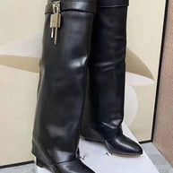 WW | Damen Kniehoge Stiefel Shark Lock Lange Dicke Sohlen High Heels Stiefel Designer Luxusmarke Damen Lederstiefel
