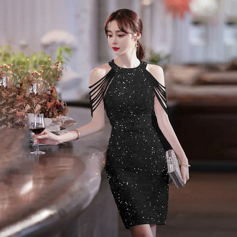 WW | Kurzes Sexy Pailletten Morgenmantel Cocktailkleid Elegante Frauen Fest Midi Meerjungfrauenkleid Vestido Formelle Kleider