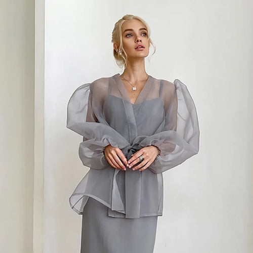 Damen Organza-Bluse mit Bindegürtel und transparentem Stoff