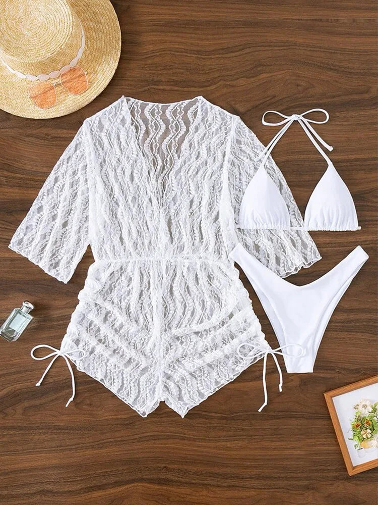 WW | 3 Stück Bikini Tropischer Druck Badebekleidung Halter Schnürseite Badebekleidung Frauen Badeanzug Weiblich Schwimmen Sommer Strandbekleidung