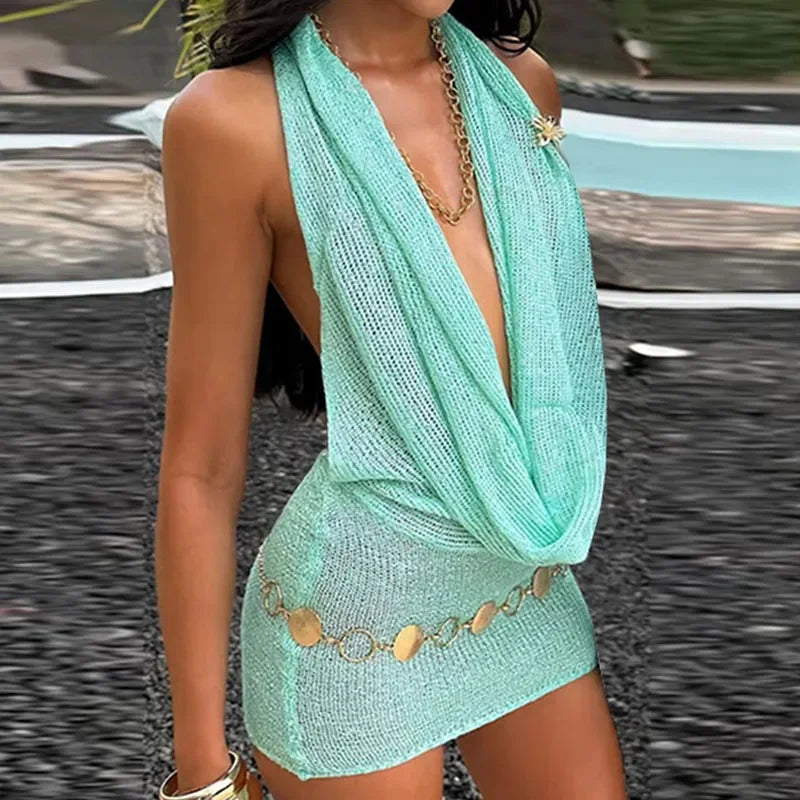 WW | Glitzer Halter Mini Kleid Frauen Strick Rücklos Ärmellos Bodycon Fest Klub Kleider Weiblich Sommer Damen Mode Y2K Roben