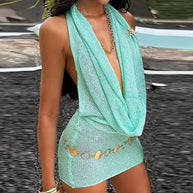 WW | Glitzer Halter Mini Kleid Frauen Strick Rücklos Ärmellos Bodycon Fest Klub Kleider Weiblich Sommer Damen Mode Y2K Roben