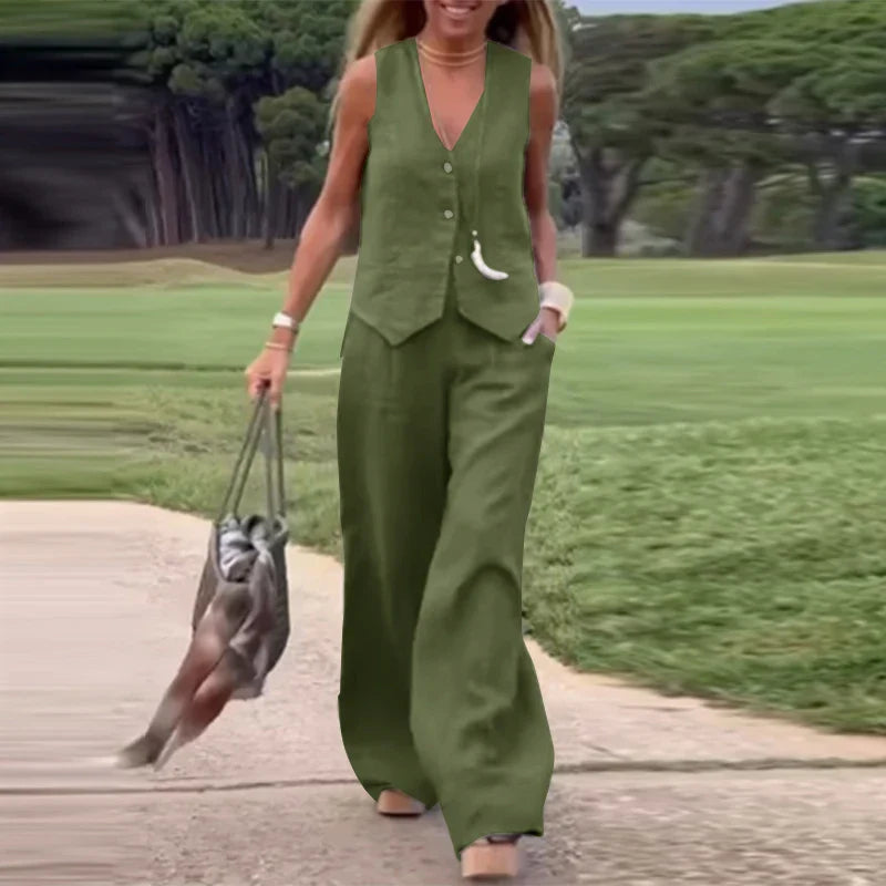 WW Modern Set | Eleganter ärmelloser V-Ausschnitt-Top und weit geschnittene Hosen Damenanzug