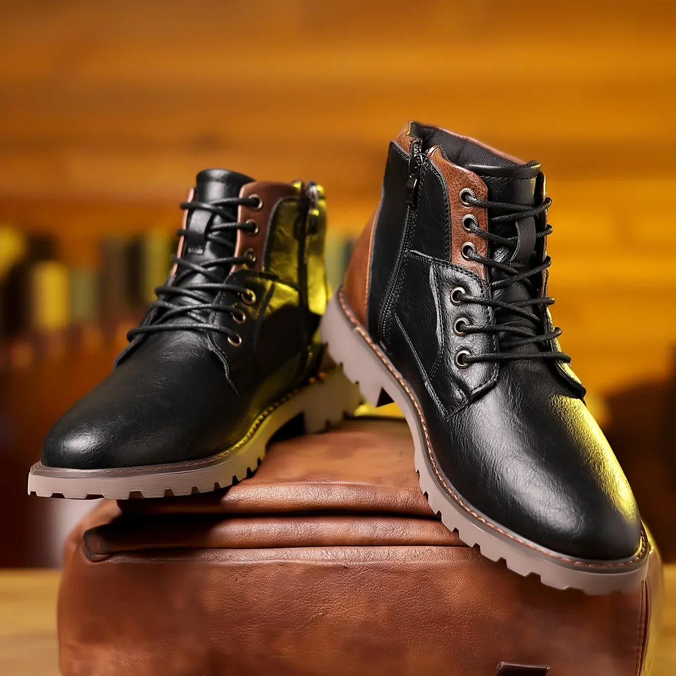 WW | Klassische Herren Lederstiefeletten Mit Robuster Sohle Und Seitlichem Reißverschluss