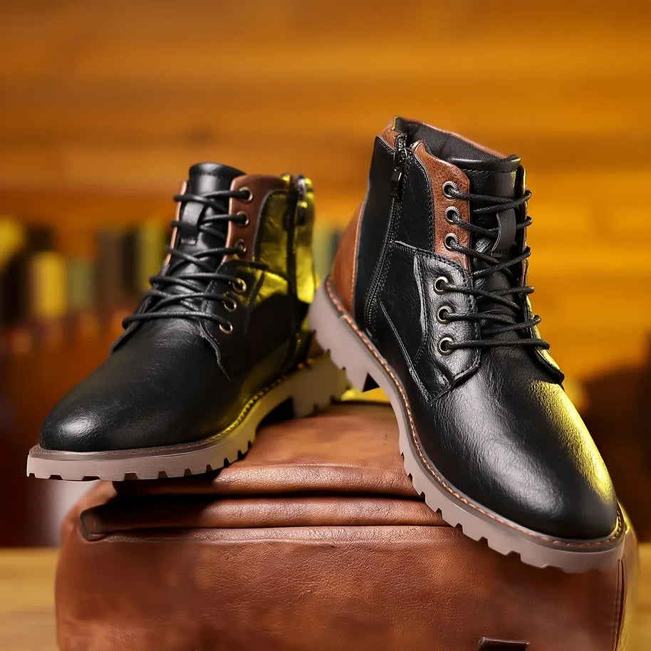 WW | Klassische Herren Lederstiefeletten Mit Robuster Sohle Und Seitlichem Reißverschluss
