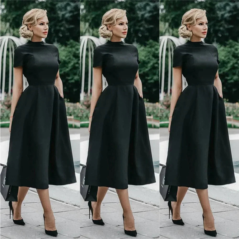 WW | Frauen Elegantes Schwarzes Kleid Halbhoher Kragen Hohe Taille A-Linie Kleider Schlankes Fit Kleid Büro Damen Female Solid Vestidos