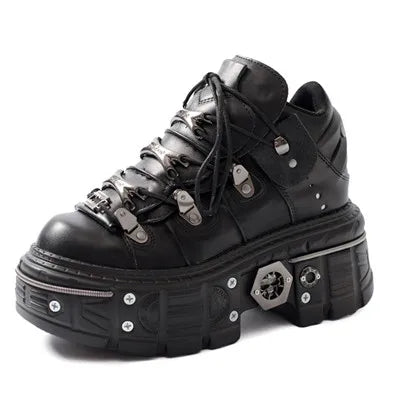 WW | Frauen Ankle Boots für Frauen Dicke Sohle Schnürsenkel Metall Dekoration Runde Zehen Plattform Schuhe Ladeis Punk Gothic Sneakers