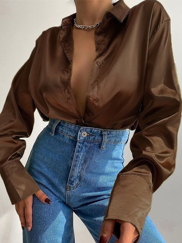 WW | Satinierte Bluse Mit Polo Kragen Seidenbluse Fürs Büro Weinlese Design Mit Lockerer Knopf Elegante Mode