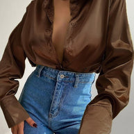 WW | Satinierte Bluse Mit Polo Kragen Seidenbluse Fürs Büro Weinlese Design Mit Lockerer Knopf Elegante Mode