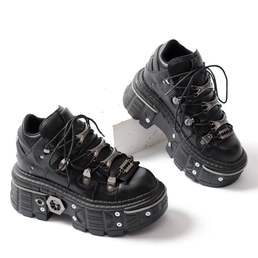 WW | Fashion Frauen Ankle Boots Damen Dünne Absätze Runde Spitze Schnürsenkel Metall Dekoration Sneakers Fräulein Nieten Punk Gothic Rock Schuhe