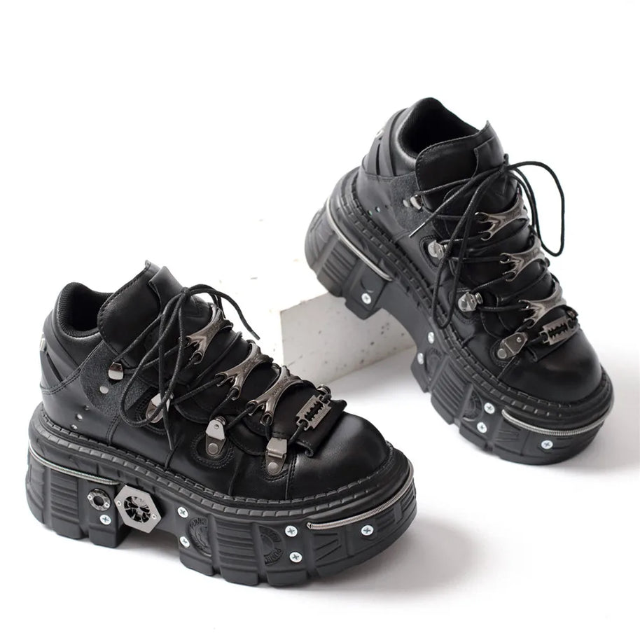 WW | Fashion Frauen Ankle Boots Damen Dünne Absätze Runde Spitze Schnürsenkel Metall Dekoration Sneakers Fräulein Nieten Punk Gothic Rock Schuhe