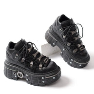 WW | Fashion Frauen Ankle Boots Damen Dünne Absätze Runde Spitze Schnürsenkel Metall Dekoration Sneakers Fräulein Nieten Punk Gothic Rock Schuhe