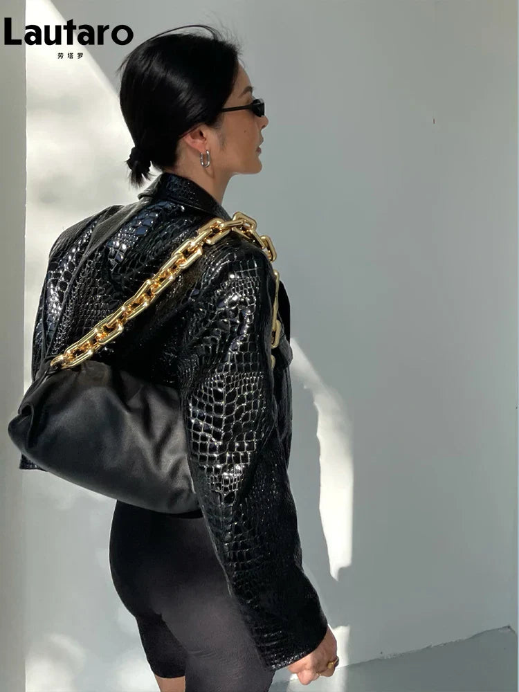 WW | Lautaro Frühling Herbst Kurz Cool Stylisch Glänzend Reflektierend Krokodilprint Patentantrag Pu Lederjacke Frauen Laufsteg Mode