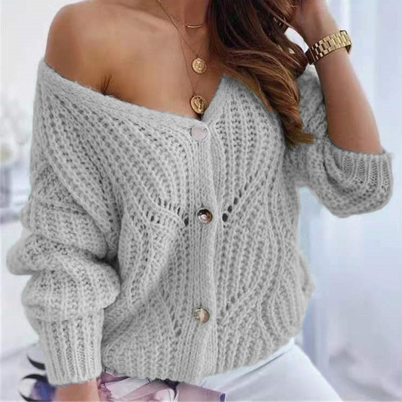 WW | Eleganter, Weicher, Schulterfreier Pullover in Übergröße Mit Knöpfen