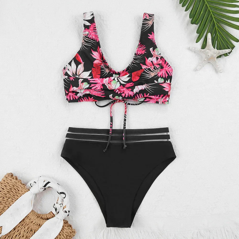 WW | Schnürung Hohe Taille Bikini Frauen Badebekleidung Frauen Badebekleidung Badeanzug Gepolstert Push-Up Blumen Badeanzug Frauen Bikini Set