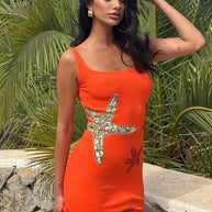 WW | Chic Shinny Seestern Print Rüschensaum Mini Kleid Fashion Bodycon Ärmellos Rückenfrei Kurz Vestidos Sommer Weibliche Strandkleider
