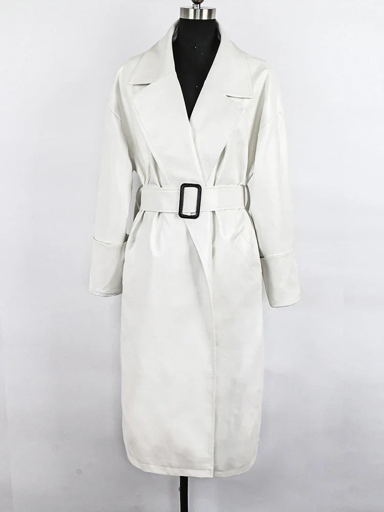 WW | Lautaro Lang Übergrößen Leder Trenchcoat für Frauen Lange Ärmel Revers Lose Passform Herbst Stilvolles Schwarzes Damenbekleidung Streetwear