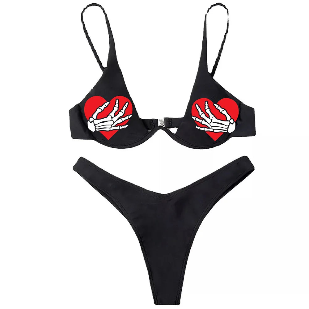 WW | Sexy Goth Bikini Frauen Buchstaben Totenkopf Druck Badeanzug Split Badeanzug Hohe Taille Gotische Bikini Set Strandoutfits