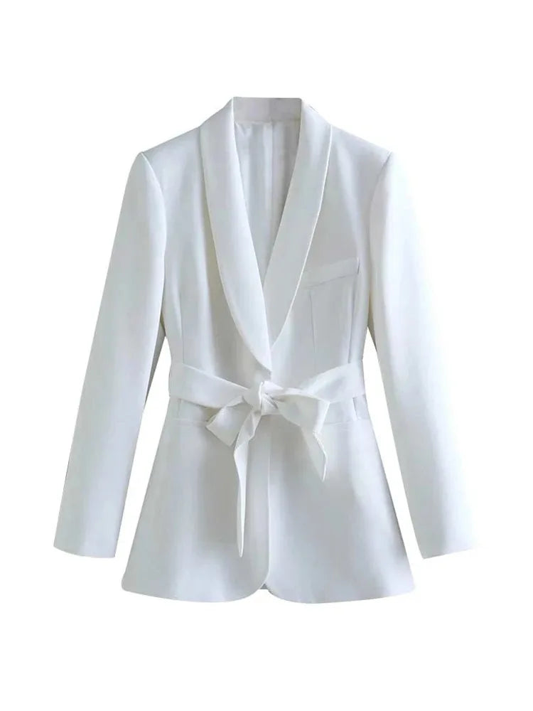WW | Damen Legere Blaue Jacke Schicker Oberbekleidung Elegante Flared Hosen Lange Ärmel V-Ausschnitt Gürtel Büro Pendler Anzug Set