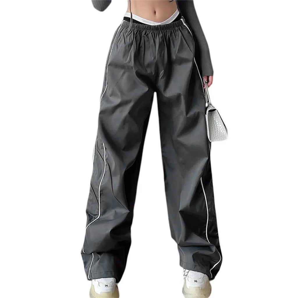 WW | Frauen Y2K Elastischer Taillen Cargo Hosen Locker Einfarbige Jogginghosen Trainingshose mit Taschen Streetwear