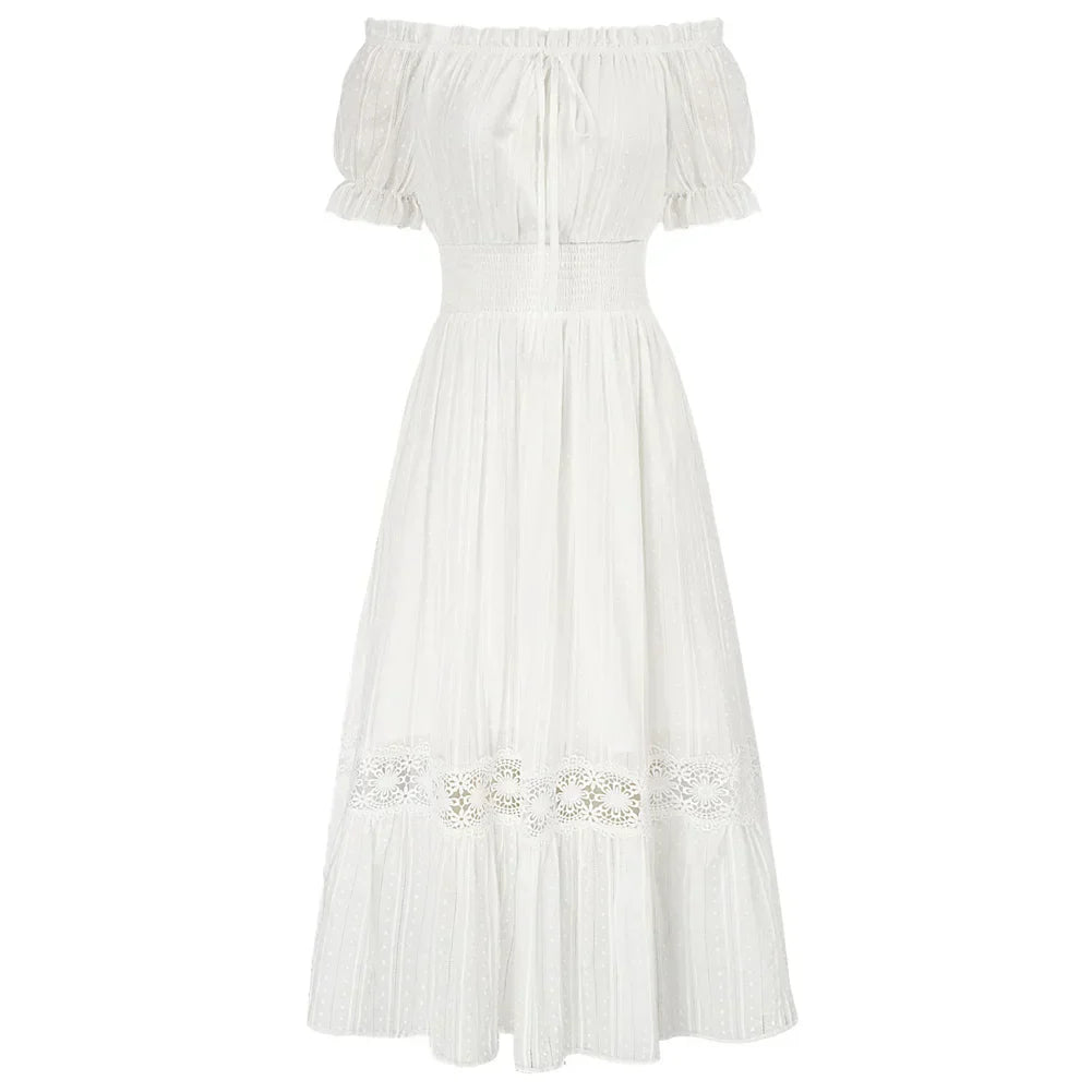 WW | Sd Frauen Renaissance Baumwolle Kleid Sommer Kurzarm Rüsche Off Shoulder Ausgestellt A-Linie Kleid Rüsche Slim Fit Mode Kleider