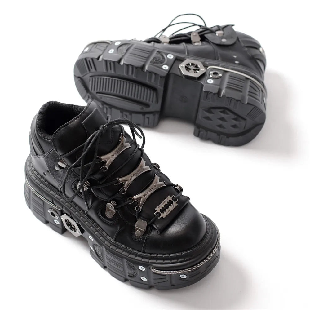 WW | Frauen Ankle Boots für Frauen Dicke Sohle Schnürsenkel Metall Dekoration Runde Zehen Plattform Schuhe Ladeis Punk Gothic Sneakers