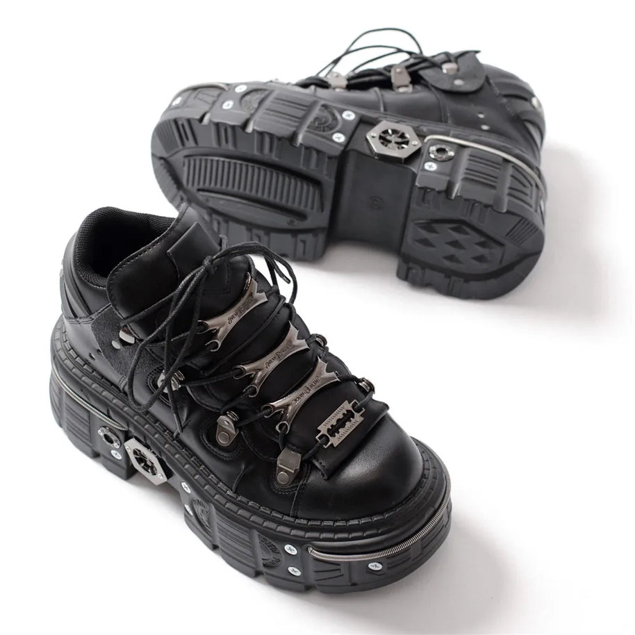 WW | Frauen Ankle Boots für Frauen Dicke Sohle Schnürsenkel Metall Dekoration Runde Zehen Plattform Schuhe Ladeis Punk Gothic Sneakers