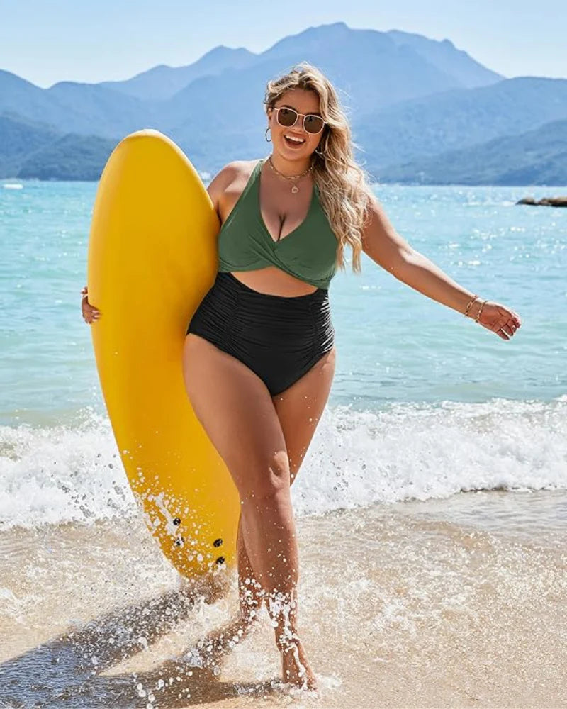 WW | Damen Einteiler Badeanzüge Push Up Bauchkontrolle Badeanzüge V-Ausschnitt Cutout Anständige Bademode