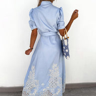WW | Maxikleid Besticktes Cut Out Design Puffärmel Knopfverschluss Taillenknoten