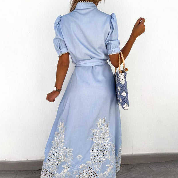 WW | Maxikleid Besticktes Cut Out Design Puffärmel Knopfverschluss Taillenknoten