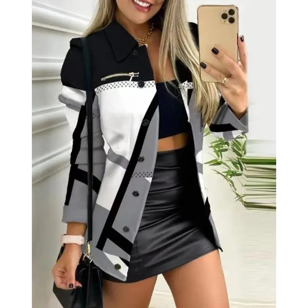 WW | Schlank, Gedruckt mit Revers Knopf Lange Sommerjacke