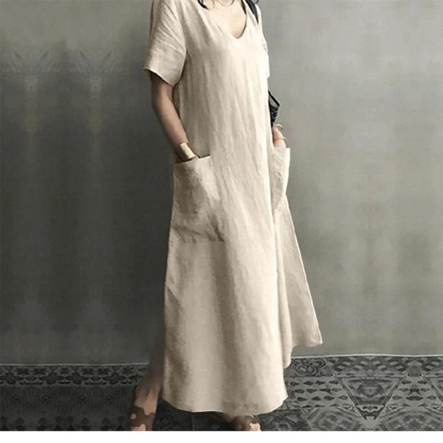 WW | Schlank Bequem Leinenkleid mit V-Ausschnitt