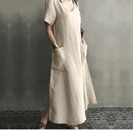 WW | Schlank Bequem Leinenkleid mit V-Ausschnitt