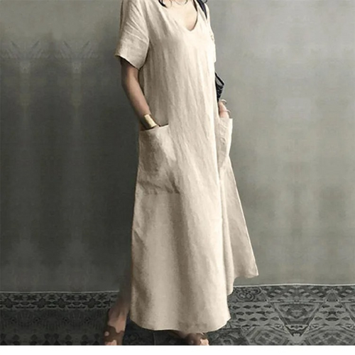 WW | Schlank Bequem Leinenkleid mit V-Ausschnitt