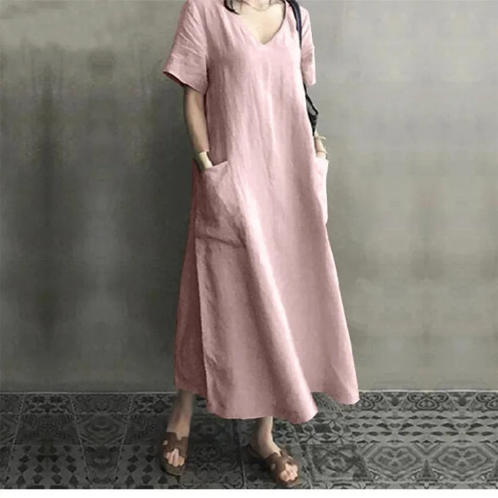 WW | Schlank Bequem Leinenkleid mit V-Ausschnitt
