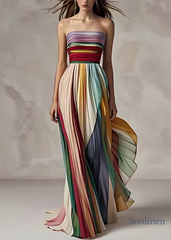 Damen Maxikleid mit Streifen, Raffungen und schulterfreiem Ausschnitt