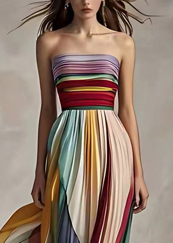 Damen Maxikleid mit Streifen, Raffungen und schulterfreiem Ausschnitt