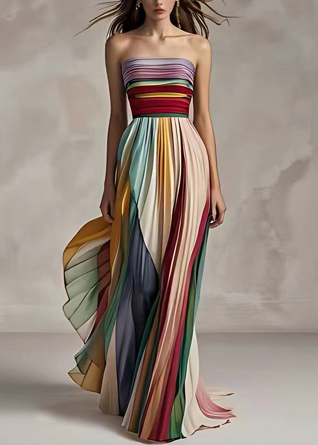 Damen Maxikleid mit Streifen, Raffungen und schulterfreiem Ausschnitt