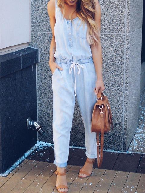 WW | Slim Ärmellos Taille Denim Jumpsuit