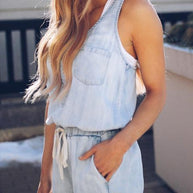 WW | Slim Ärmellos Taille Denim Jumpsuit