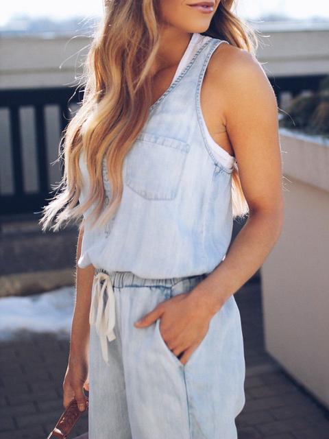 WW | Slim Ärmellos Taille Denim Jumpsuit