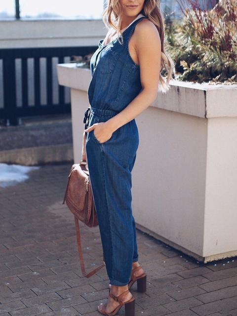 WW | Slim Ärmellos Taille Denim Jumpsuit